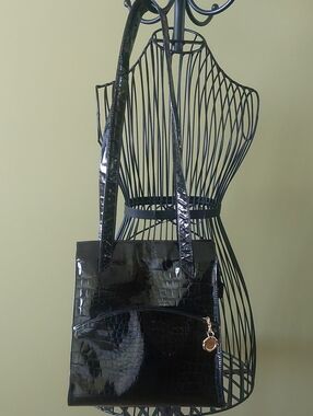 VIINTAGE, Black Patent Croc-Embossed Shoulder Tote with Gold Charm Accent.